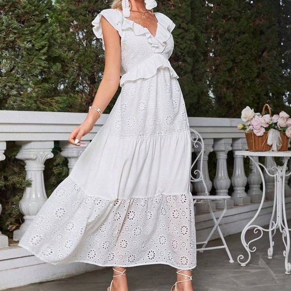 White Ruffle Hem Schiffy Dress - Picture 4 of 5